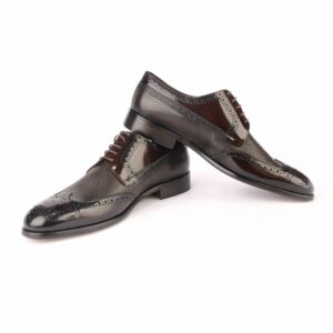 Handmade Classic Brogue Derby Shoes with Dark Brown Matte Patent Calf Leather and Deer Leather, Genuine Leathersole, Men's
