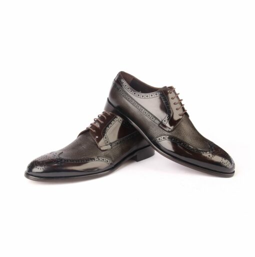 Handmade Classic Brogue Derby Shoes with Dark Brown Matte Patent Calf Leather and Deer Leather, Genuine Leathersole, Men's