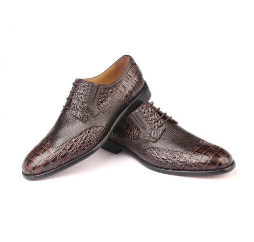 Handmade Classic Brown Brogue Derby Shoes with Croco Alligat Patterned Calf Leather, Genuine Deer Leather, Men Leathersole Shoes