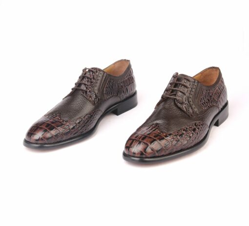 Handmade Classic Brown Brogue Derby Shoes with Croco Alligat Patterned Calf Leather, Genuine Deer Leather, Men Leathersole Shoes