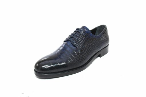 Handmade Croco Derby Shoes with Dark Blue Crocodile Skin Patterned Calf Leather, Premium Microlight Soles, New Spring 2021