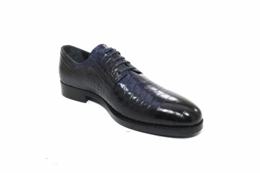 Handmade Croco Derby Shoes with Dark Blue Crocodile Skin Patterned Calf Leather, Premium Microlight Soles, New Spring 2021