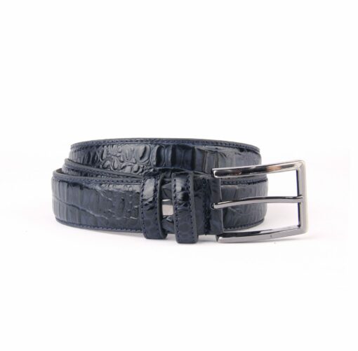 Handmade Dark Blue Leather Belt, Embossed Croco Alligator Skin Pattern, Real Calfskin, Moc Croc Men's Fashion Accessories Jeans