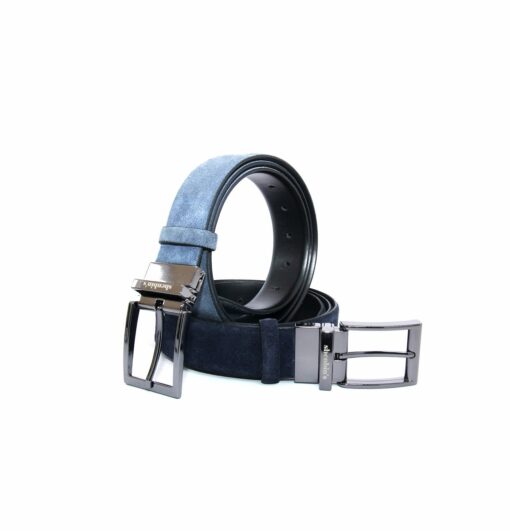 Handmade Double Side Leather Belts, Real Calf Suede, Dark Blue Sky Blue Olive, Reversible Silver Buckles, Colorful Accessories