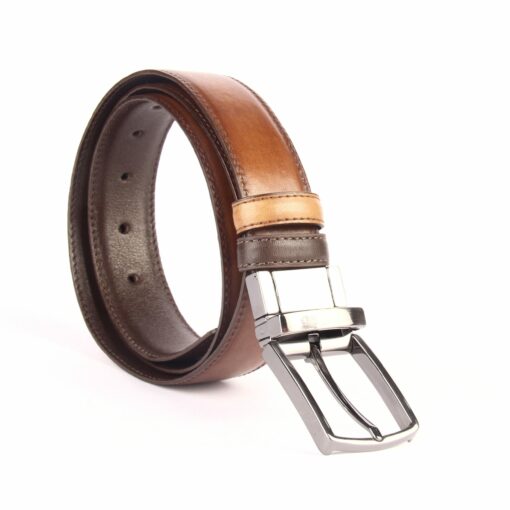 Handmade Double Sided Reversible Leather Belt with Premium Silver Buckle, Real Calfskin, Brown & Tobacco, Fashion Accessories