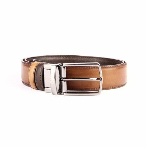 Handmade Double Sided Reversible Leather Belt with Premium Silver Buckle, Real Calfskin, Brown & Tobacco, Fashion Accessories