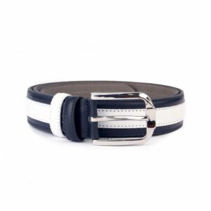 Handmade Striped Dark Blue & White Belt, Real Calfskin Leather, Men's Casual Fashion Accessories, Denim Jeans Pants