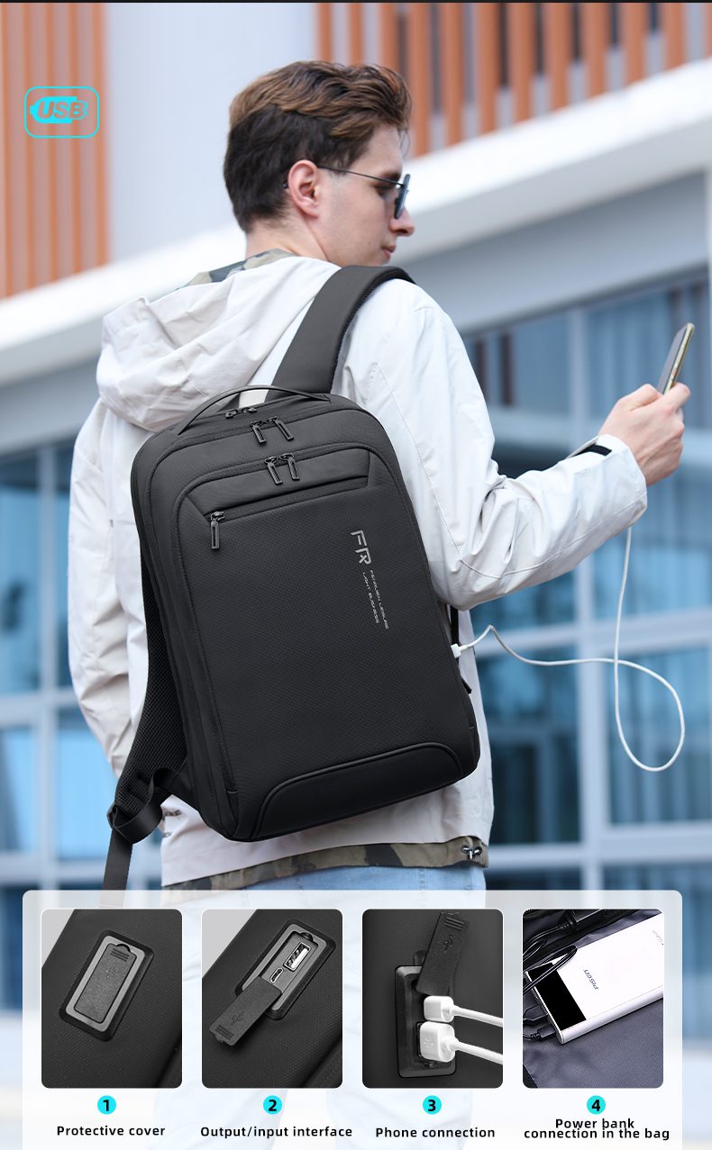 Fenruien Fashion Men Backpacks Waterproof Multifunction USB Charging School Bag Backpack Fit for 15.6 Inch Laptop Large Capacity