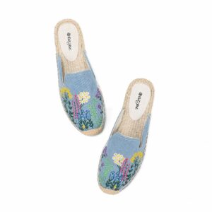 Ladies Summer Fashion Toe Slippers Sandals Flat Comfortable Breathable Slip On Espadrilles Denim Floral Embroidered Mules