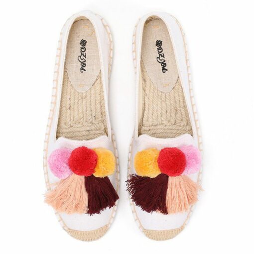 Ladies flat fashion hair ball flat shoes retro all match breathable linen women s laces fringed