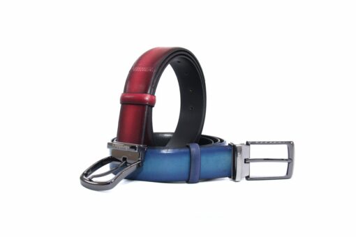 Men's Handmade Belts with Real Calf Leather, Blue and Burgundy Patina, Hand Sewn, Fashion Accessories for Shoes and Outfits