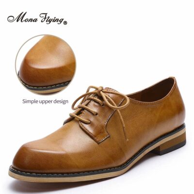Mona Flying Women's Leather Oxfords Saddle Derby Shoes Casual Lace-up Flats Office Formal for Female Ladies 2020 New FLX20-1