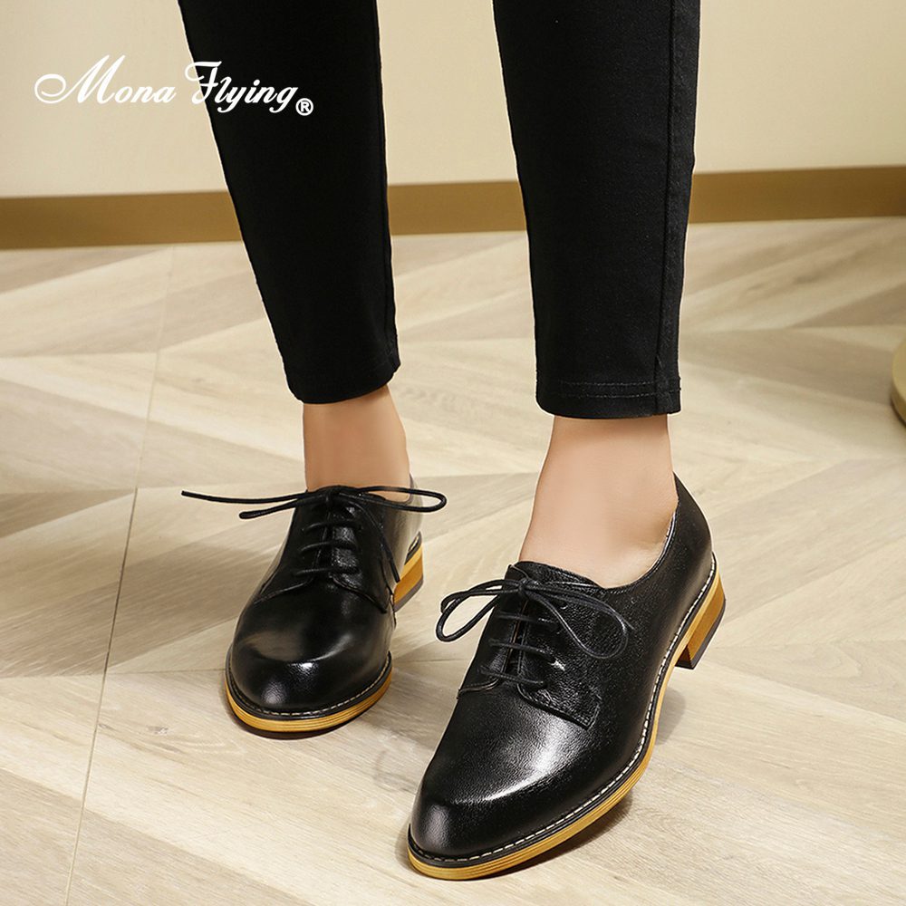 Mona Flying Women's Leather Oxfords Saddle Derby Shoes Casual Lace-up ...