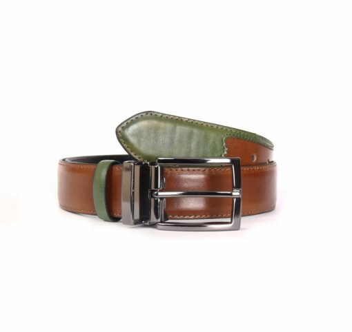 Premium Handmade Leather Belts with Premium Silver Buckle, Light Brown Green, Special Design Limited Edition Men's Accessories