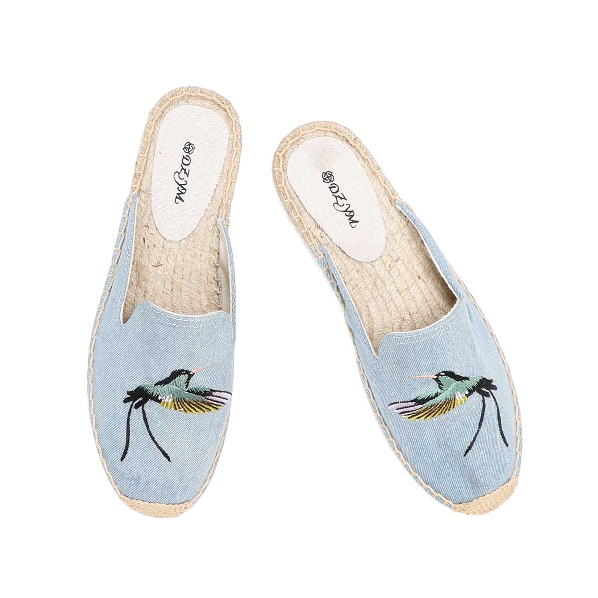 Ladies Summer Fashion Toe Slippers Sandals Flat Comfortable Breathable Slip-On Espadrilles Denim Floral Embroidered Mules