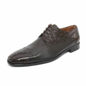 SHENBIN'S Handmade Brown Cap Toe Derby Shoes with Genuine Deer Leather and Ostrich Skin Pattern, Limited Edition, Size 40