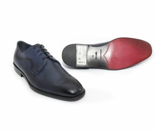 SHENBIN's Premium Handmade Medallion Toe Derby Shoes, Dark Blue Baby Buffalo Leather, Leather Sole, Men's Classic Fashion