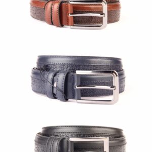 Handmade Dark Blue Leather Belt with Real Calfskin, Embossed Pattern, Men's Fashion Accessories for Denim Jeans Pants