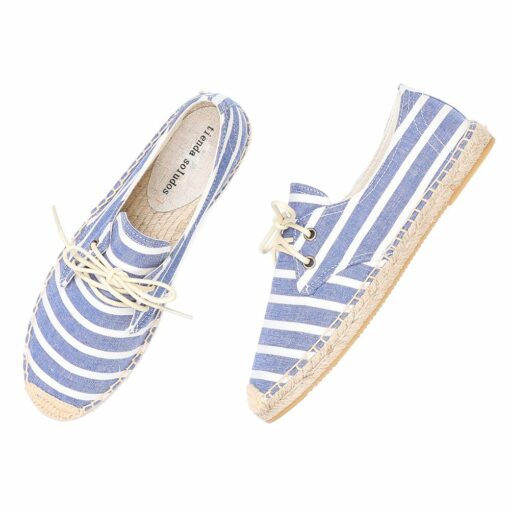 Womens Espadrilles Shoes round Toe Flat Platform Rushed Cotton Fabric Rubber Lace up Zapatillas Mujer Casual
