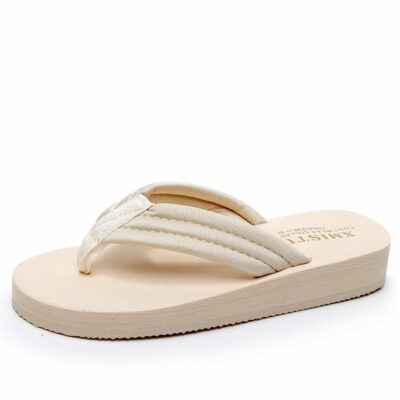 Mid Heel Cream Flat Flip Flop Sandals