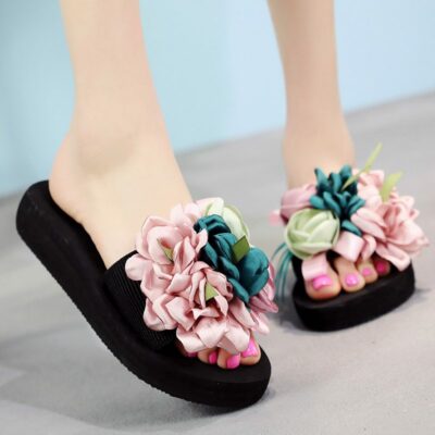 Women Low Wedge Slides Ladies Slipper Bohemia Sandals Summer Beach Platform Shoes Colorful Flowers Flip Flops