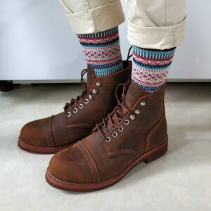 wearing Rabbit Wool Vintage Men's Christmas Socks with brown boots