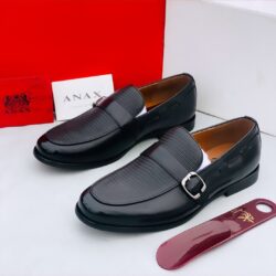 Anax Classic Black Patterned Loafer with Single Belt Buckle