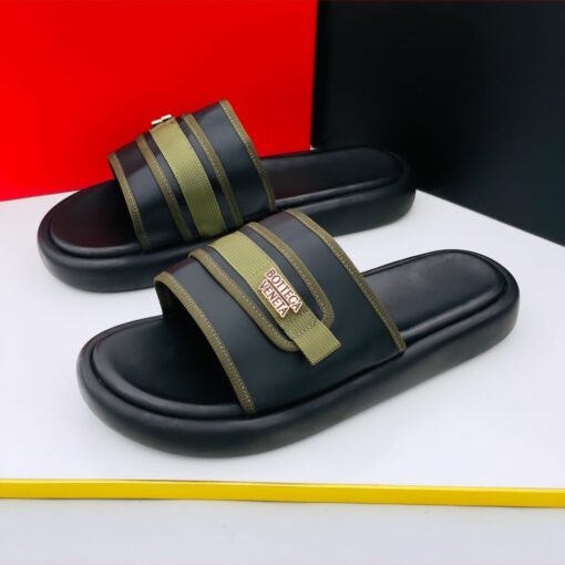 Original Black Leather Slippers with Olive Green