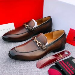 Anax Executive Coffee Brown Leather Loafer Shoe with Black Toe