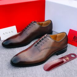 Anax Executive Coffee Brown Leather Shoe with Black Patterned Toe