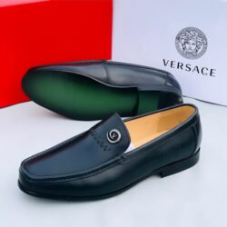 Versace Executive Black Plain Leather Loafer Shoe