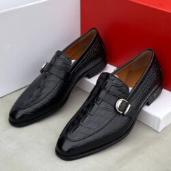 Frank Perry Executive Black Crocodile Patterned Leather Loafer Shoe with Belt Buckle