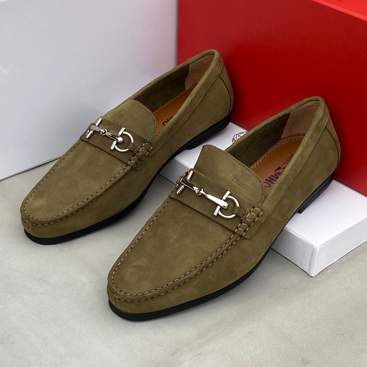 Salvatore Ferragamo Classic Olive Green Suede Leather Loafer Shoe | Buy ...
