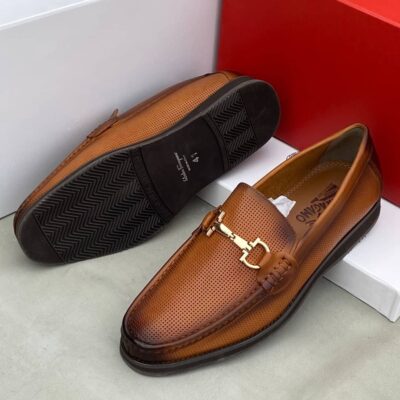 Salvatore Ferragamo Executive Brown Leather Loafer Shoe with Black Toe