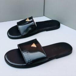Black Casual Polished Leather Slides