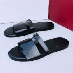 Black Smooth Dotted Patterned Leather Casual Slides