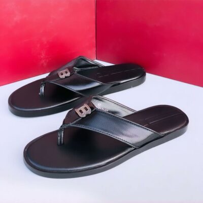 Casual Black Line-Patterned Leather Slippers