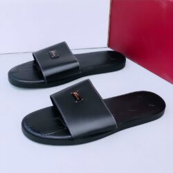 Casual Smooth Polished Black Leather Slides